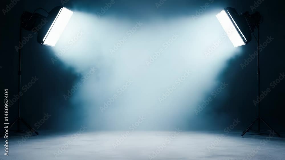 Poster two professional studio softbox lights creating dramatic blue-tinted spotlight effect on empty concr