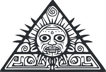 Black and white tribal Aztec sun symbol in a triangular shape with detailed face and ornamental patterns