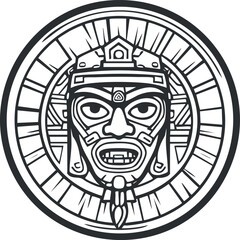 Black and white tribal mask illustration inside a circular ornamental frame with ethnic pattern design