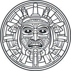 Black and white line art of an ancient Aztec sun calendar face symbol with intricate tribal patterns