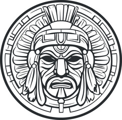 Black and white Aztec tribal warrior mask with detailed headdress and facial ornamentation