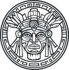 Black and white line art of an Aztec tribal mask with intricate geometric patterns in a circular frame