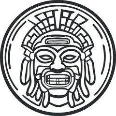 Black and white line art of an ancient Aztec tribal mask symbol inside a circular frame