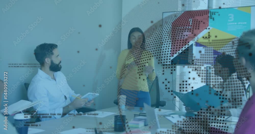Poster standing woman presenting in business meeting, featuring animated globe graphic and code snippets