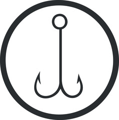 Black and white simple icon of a fishing hook inside a circle symbolizing fishing gear and angling