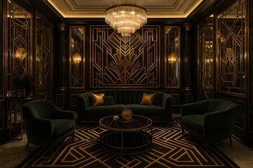 Luxurious art deco living room interior design with velvet furniture gold accents and decorative lighting creating a glamorous home decor space © Sumia