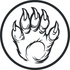 Black and white illustration of a bear paw with sharp claws inside a circular frame