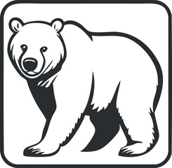 Black and white cartoon illustration of a bear standing inside a rounded square frame