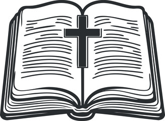 Black and white illustration of an open bible with a cross symbol in the center representing Christian faith and scripture