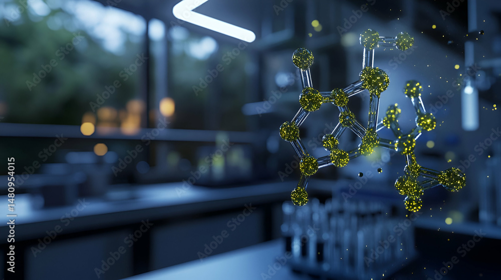 Aufkleber glowing molecular structure in a modern laboratory setting