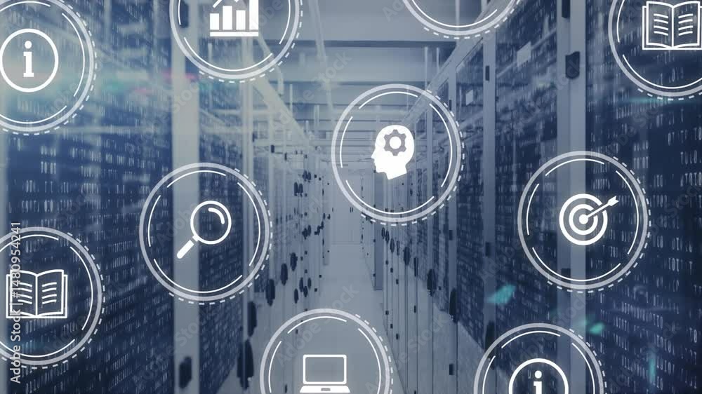 Poster server rack aisle glowing with streaming binary code and rotating data icons in blue 3d render