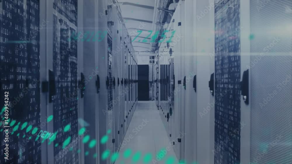 Poster secure data center corridor showcasing streaming binary code across server racks and cable trays