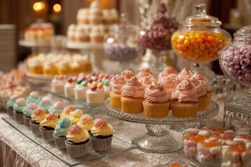 Fototapeta premium Elegant dessert table with colorful cupcakes, candy jars, and cake stands at a celebration event, showcasing a variety of sweet treats.
