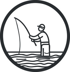 Outline icon of a fisherman standing in water while fishing with a rod and line in an outdoor setting