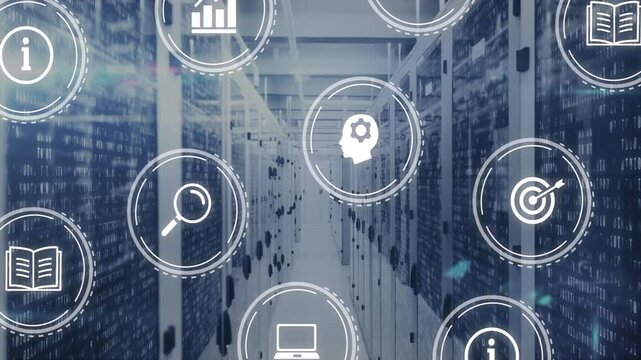 Server rack aisle glowing with streaming binary code and rotating data icons in blue 3D render