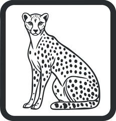 Black and white illustration of a sitting cheetah with distinctive spots and sleek body