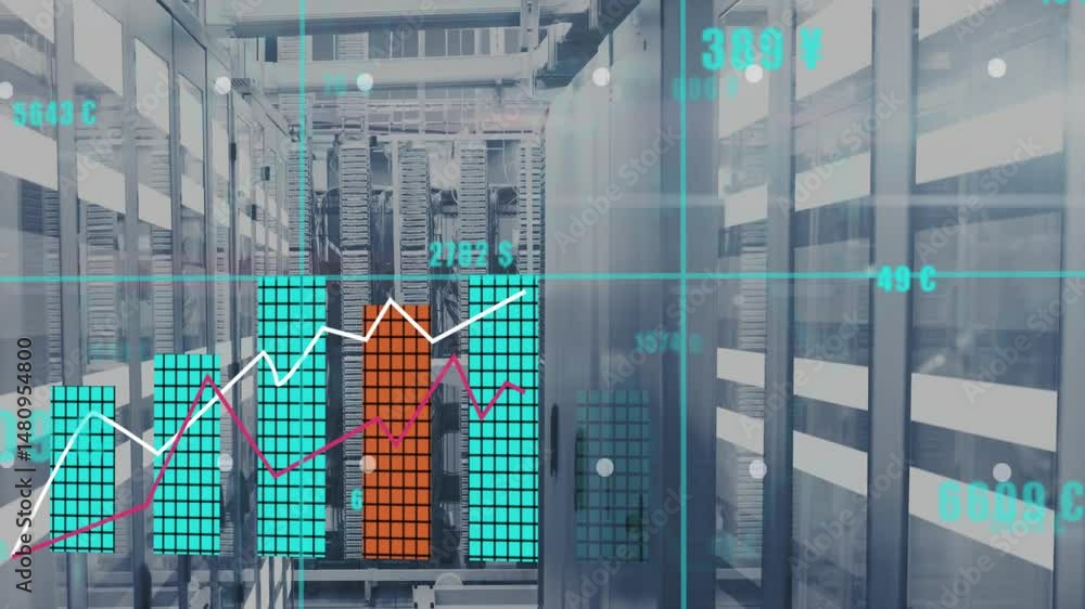 Poster digital bar chart floating above server racks, showing turquoise orange columns and magenta lines