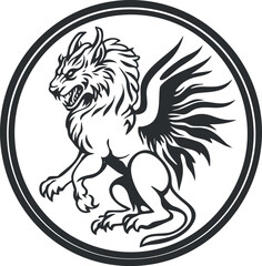 Black and white heraldic griffin emblem with wings and fierce expression inside a circular frame
