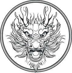 Black and white illustration of a fierce mythical Chinese dragon head inside a circular frame