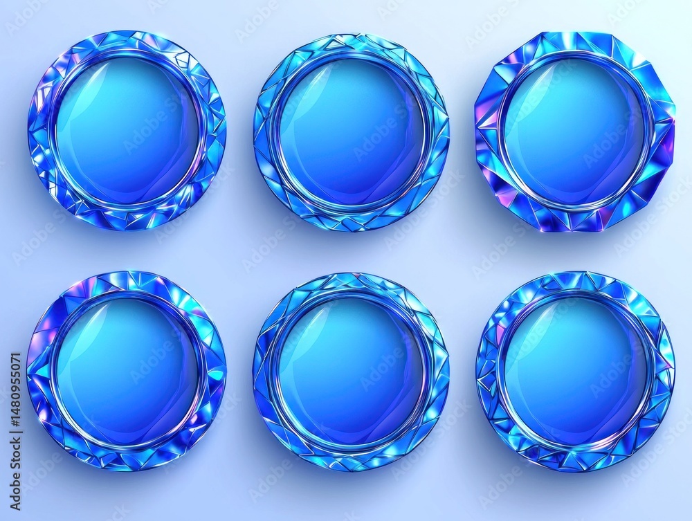 Poster six iridescent, circular frames with a central, solid blue disc, arranged in a grid pattern against 