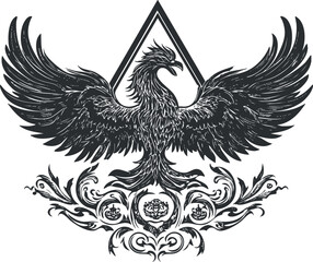 Black and white tribal style phoenix with spread wings and ornate decorative elements