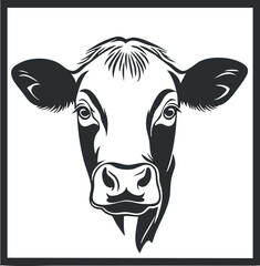 Black and white vector illustration of a cow's head facing forward showing facial features and ears