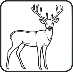 Fototapeta premium Black and white line art illustration of a deer with antlers standing, suitable for wildlife and nature themes.