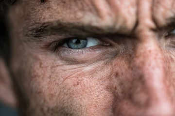 Intense Blue Eye Focus: Close-up of Male with Stern Expression and Detailed Skin Texture Showing Age