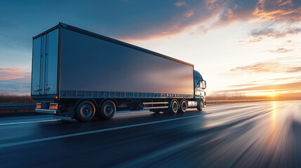 A large semi-truck speeds down a highway at sunset, blurring movement