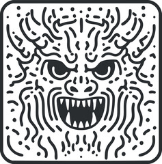 Abstract black and white illustration of a fierce monster face with sharp teeth and angry expression