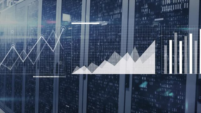 Server rack aisle displaying cascading binary code with animated area and bar charts in 3D render