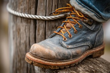 Heavily Worn Leather Boot with Colorful Laces on Wooden Post with Blue Jeans, Close-up View