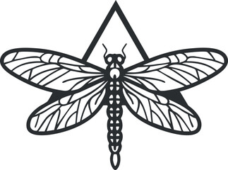 Black and white line art illustration of a dragonfly with detailed wings over a triangle shape symbol