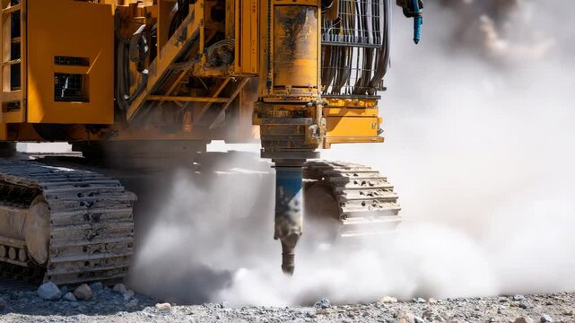 A powerful drilling machine working through rocky terrain, sending clouds of dust into the air, representing industrial strength and the challenges of excavation.