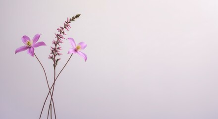 An elegant and minimalist floral still life features two delicate pinkish-purple clematis flowers and a single slender spike of heather, gracefully arranged with their long, thin stems.