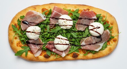 Gourmet Pizza with Prosciutto Mozzarella and Arugula on a White Background
