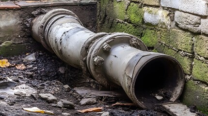 Old Rusty Metal Pipe in Ground, Drainage System, Industrial Pipe, Groundworks, Urban Decay, Grunge Texture,  Aged Pipe