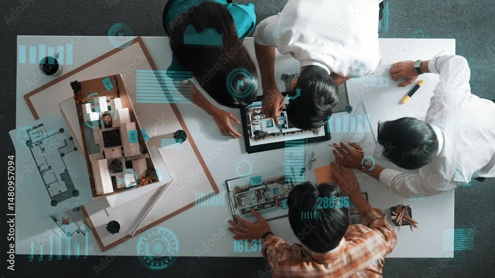 Aufkleber top down aerial view of team looking at blueprint and talking about financial chart or investment st