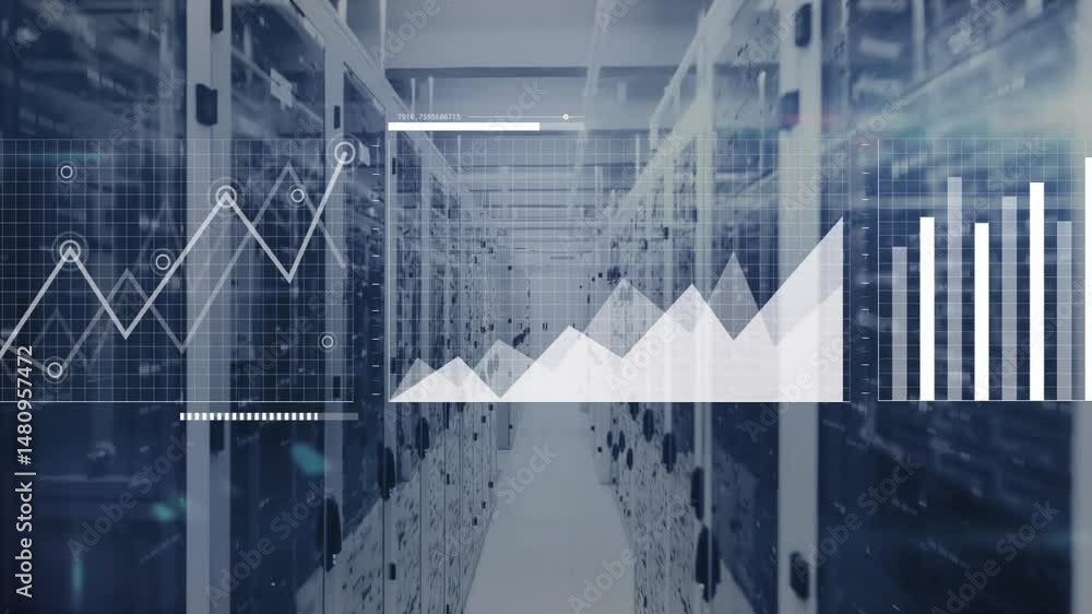 Poster 3d render server rack aisle glowing in cool blue light, showing data charts and led indicators
