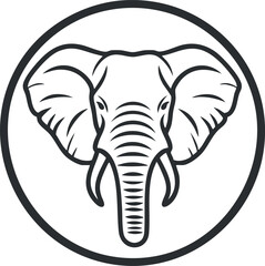 Black and white stylized elephant head icon with large ears and tusks inside a circle frame