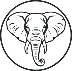 Black and white outline illustration of an elephant head with tusks inside a circle symbolizing wildlife and nature
