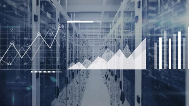 3D render server rack aisle glowing in cool blue light, showing data charts and LED indicators