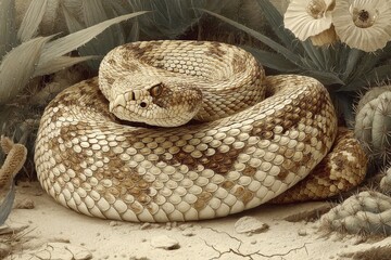 Obraz premium Coiled Rattlesnake Resting Near Desert Flora with Scaly Skin Displayed Against Arid Landscape and Dry Ground