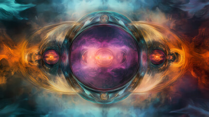 A fantasy pattern of enchanted mirrors reflecting different magical realms, swirling mystical mist around them. [Mirrored Realms] | Crystal Loop | endless refraction. Illustration