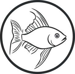 Black and white line drawing of a fish inside a circular frame representing aquatic wildlife and marine life