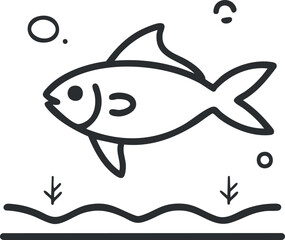 Black and white line art illustration of a fish swimming underwater with bubbles and seaweed