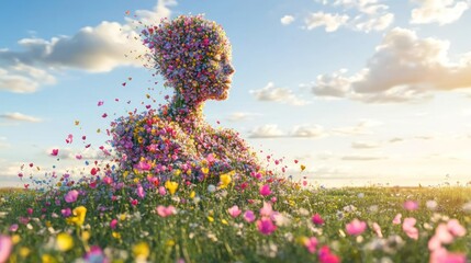 Floral woman in meadow colorful spring flowers in sunlight