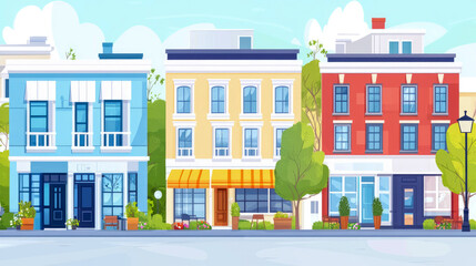 Cityscape with colorful buildings and shops, perfect for spring, for social media and print