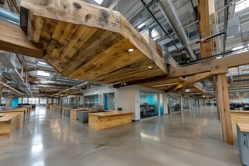 Fototapeta premium A spacious modern office with exposed wooden beams and an open-plan layout featuring desks and workstations