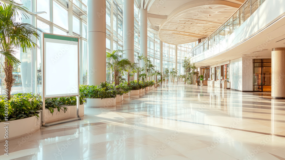 Poster lobby ad space: bright, spacious lobby with an empty display board, surrounded by lush greenery, sun